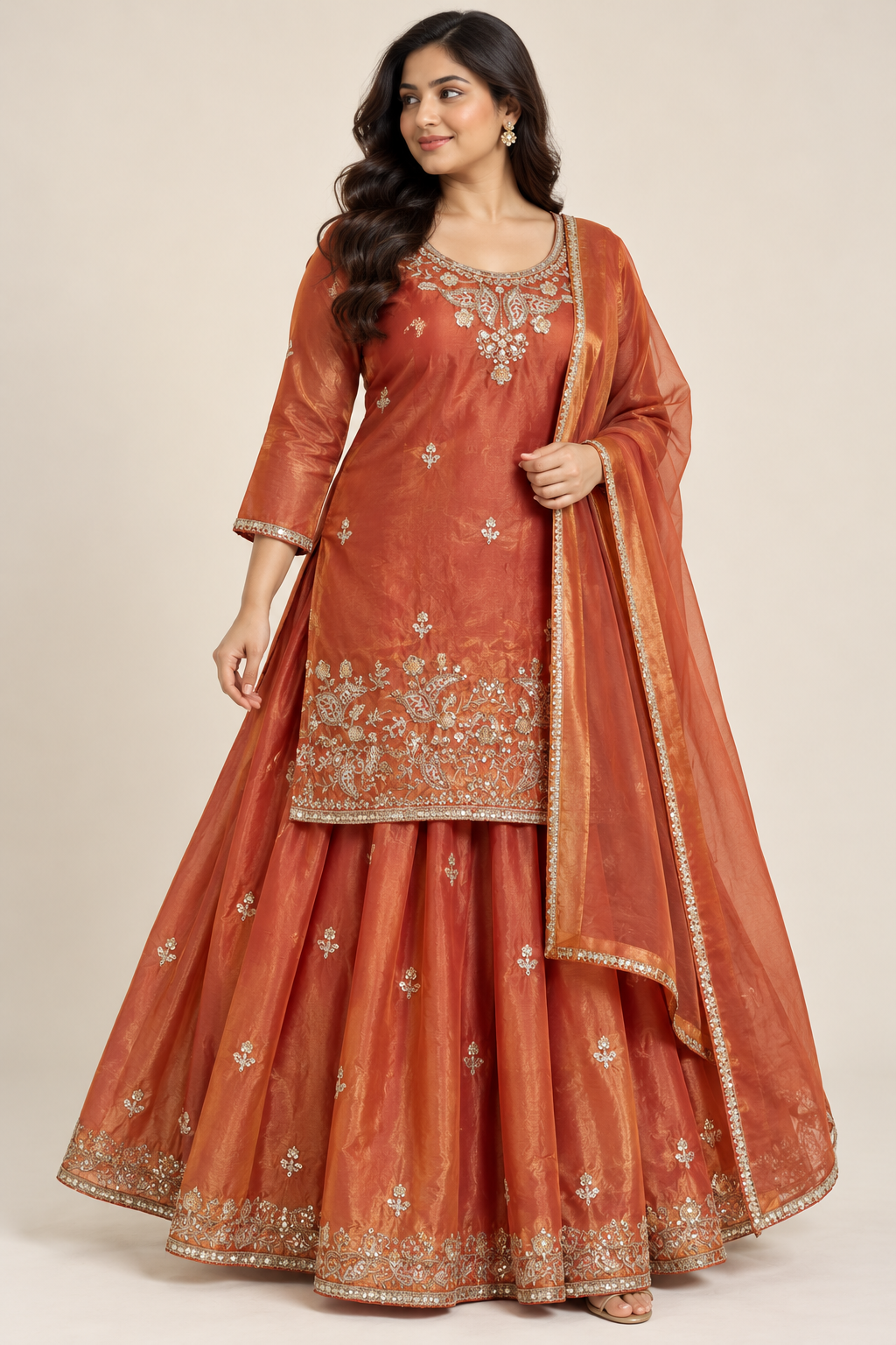 Rust Orange Embroidered Kurti & Lehenga Set with Dupatta