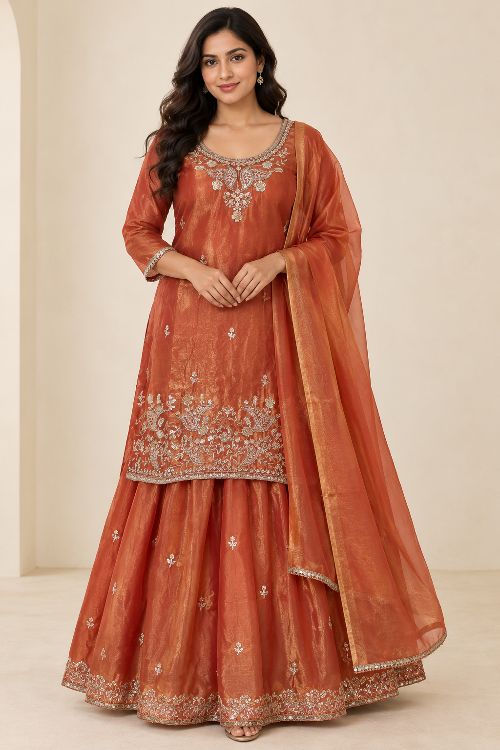 Rust Orange Embroidered Kurti & Lehenga Set with Dupatta