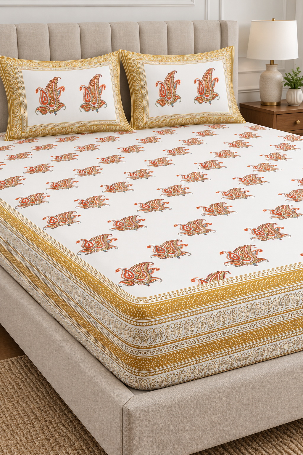Ivory Paisley Queen Fitted Bedsheet Set – Mustard Gold Border