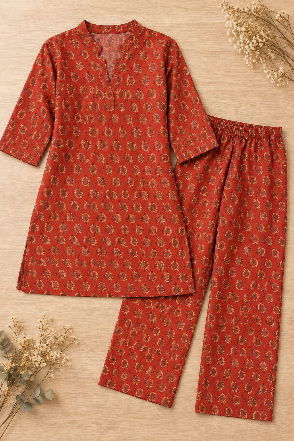 Brick Red Paisley Co-ord Set – Notched Neck Tunic & Matching Pants