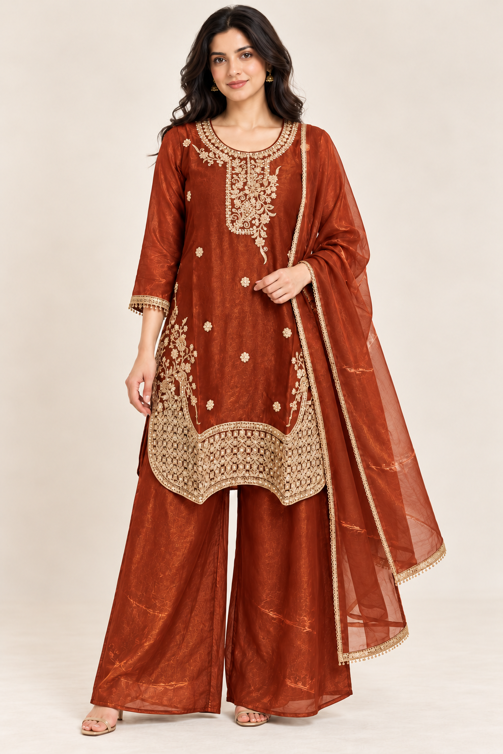 Rust Orange Gold Embroidered Kurta Palazzo Set with Dupatta