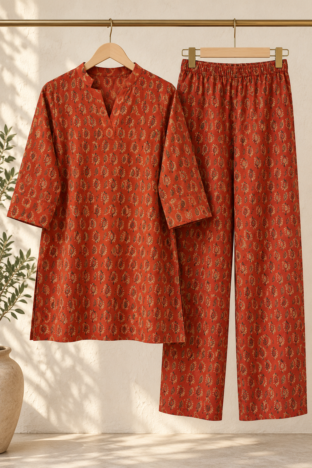 Brick Red Paisley Co-ord Set – Notched Neck Tunic & Matching Pants