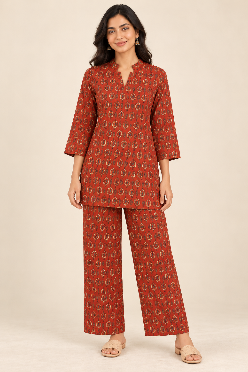 Brick Red Paisley Co-ord Set – Notched Neck Tunic & Matching Pants