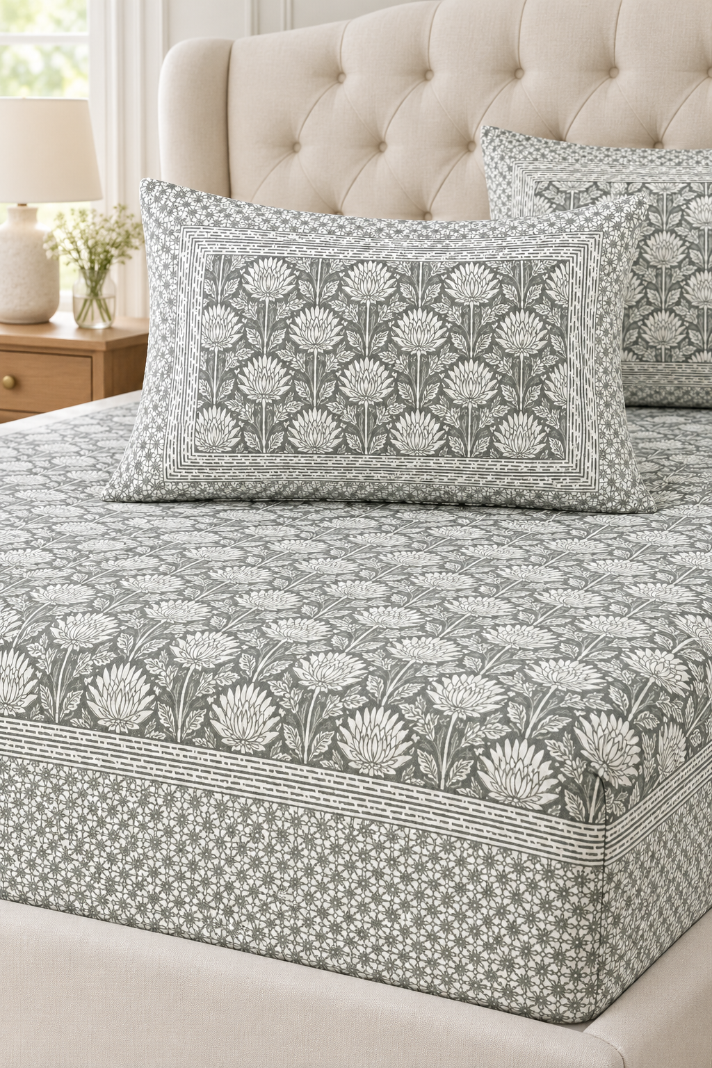 Sage Grey Floral King Fitted Bedsheet – 78″ × 80″, 16″ Deep Pocket