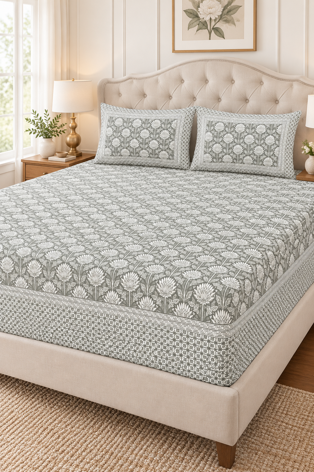Sage Grey Floral King Fitted Bedsheet – 78″ × 80″, 16″ Deep Pocket