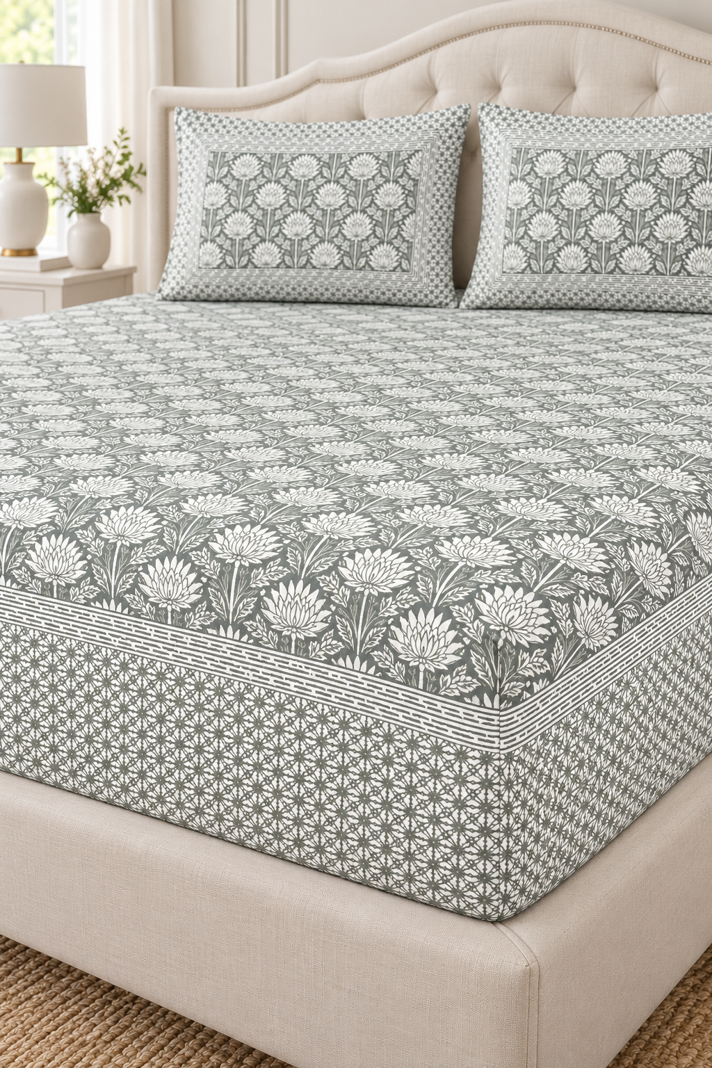 Sage Grey Floral King Fitted Bedsheet – 78″ × 80″, 16″ Deep Pocket