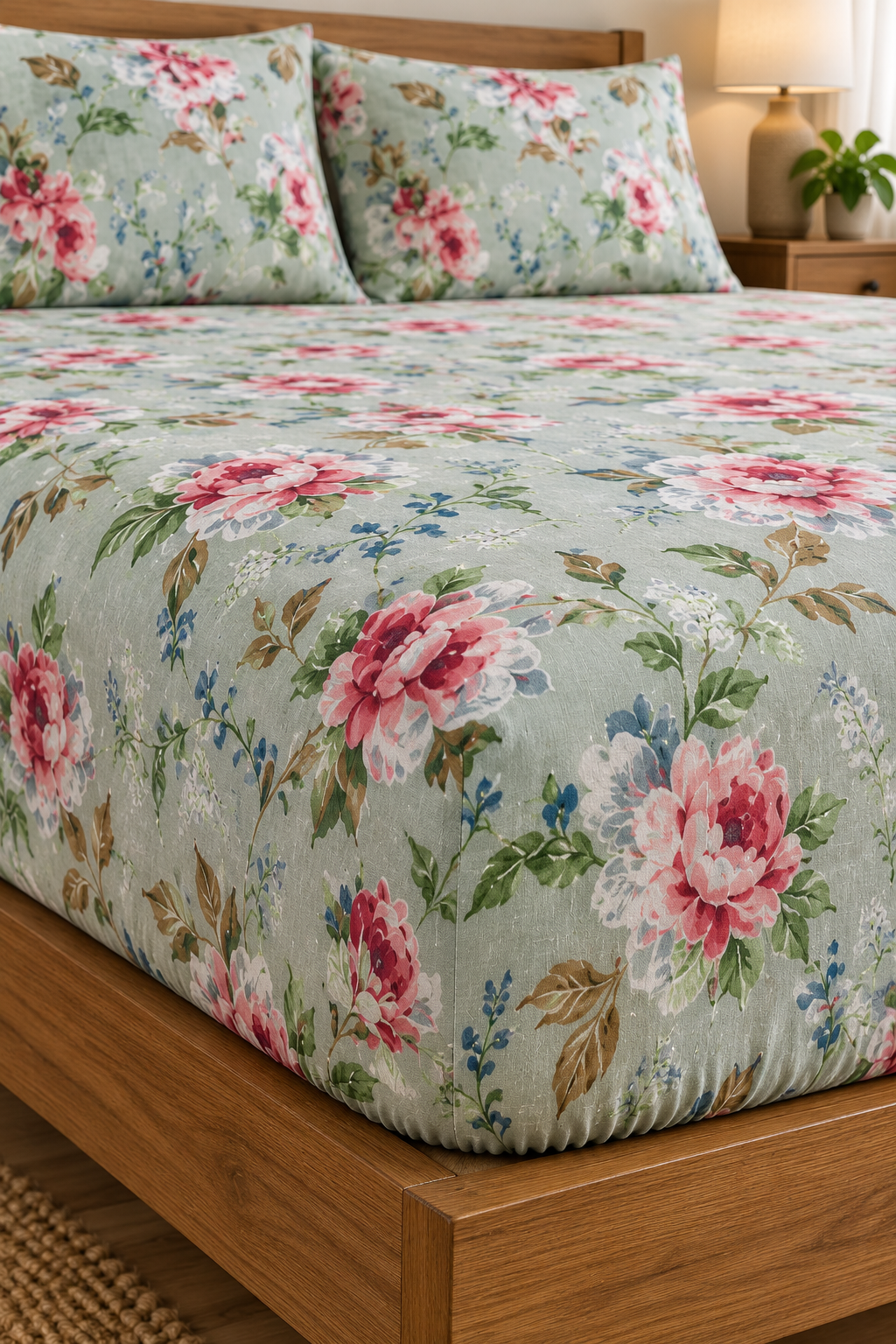 Sage Pink Floral Queen Fitted Bedsheet Set