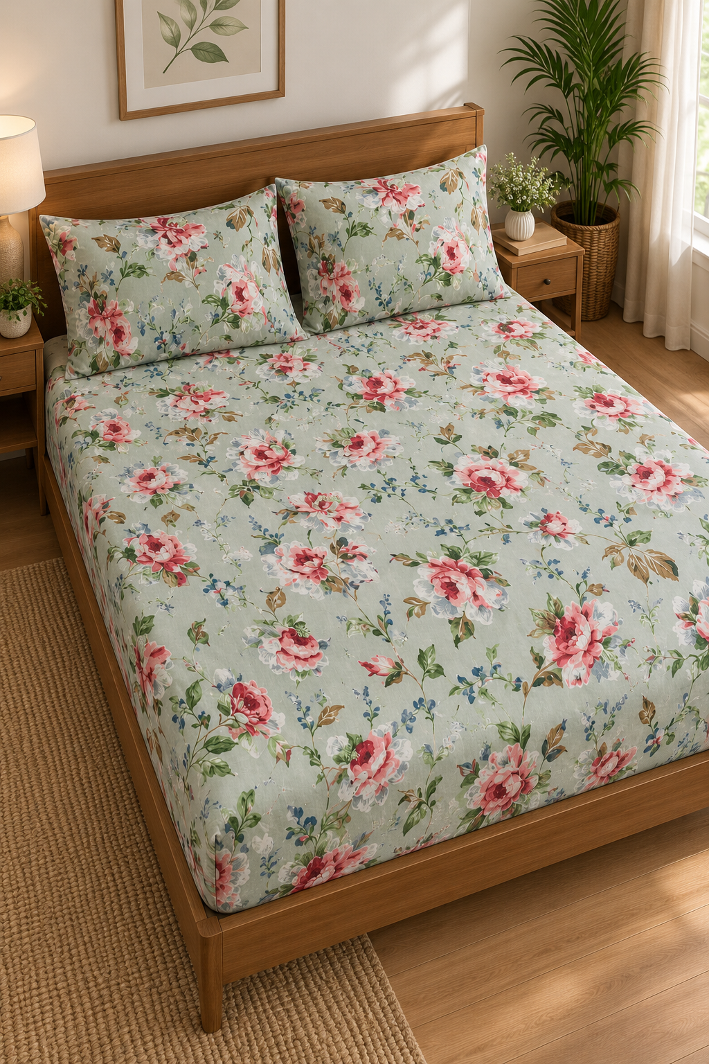 Sage Pink Floral Queen Fitted Bedsheet Set