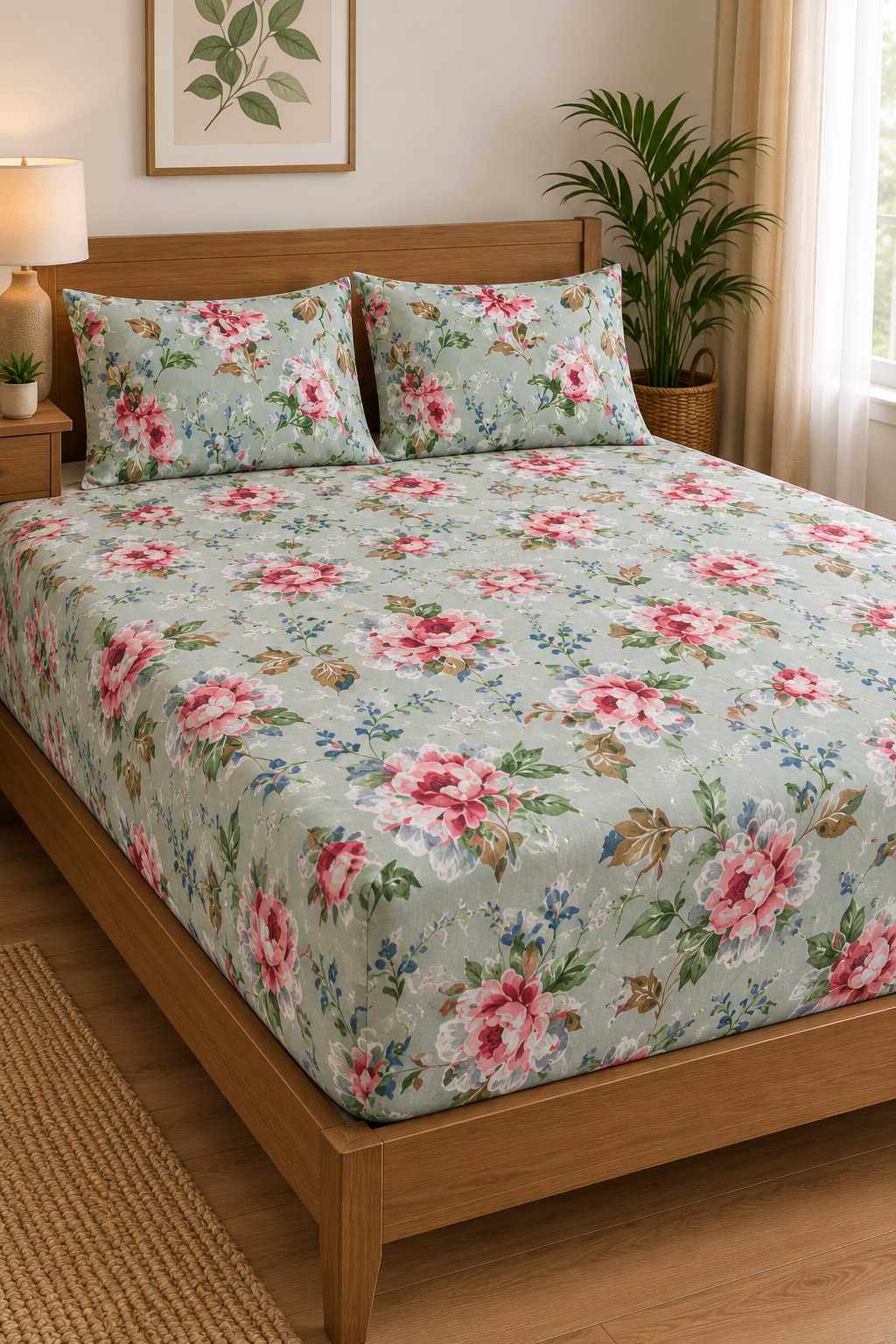 Sage Pink Floral Queen Fitted Bedsheet Set