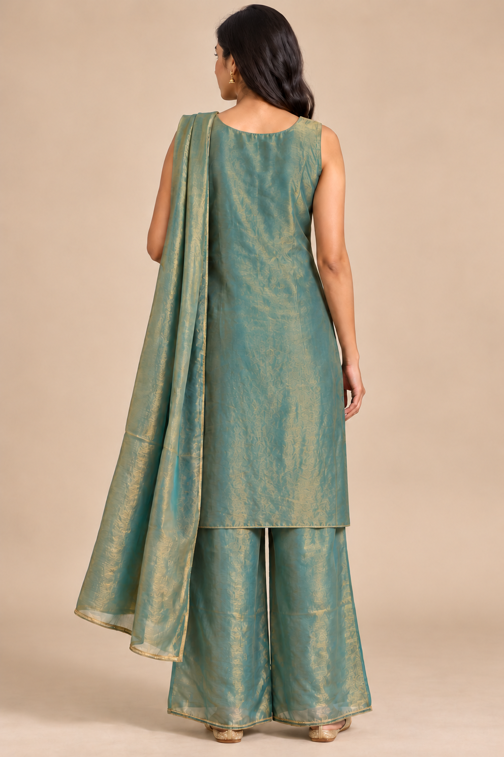 Sea Green Sleeveless Embroidered Kurta Palazzo Set with Dupatta