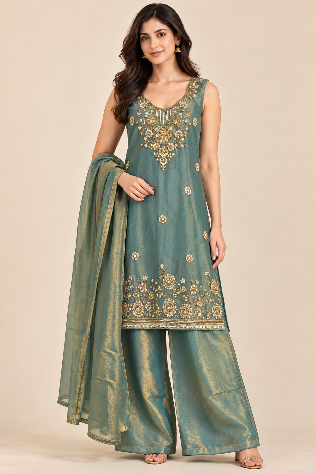 Sea Green Sleeveless Embroidered Kurta Palazzo Set with Dupatta