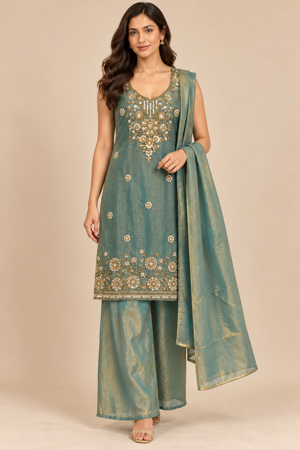 Sea Green Sleeveless Embroidered Kurta Palazzo Set with Dupatta