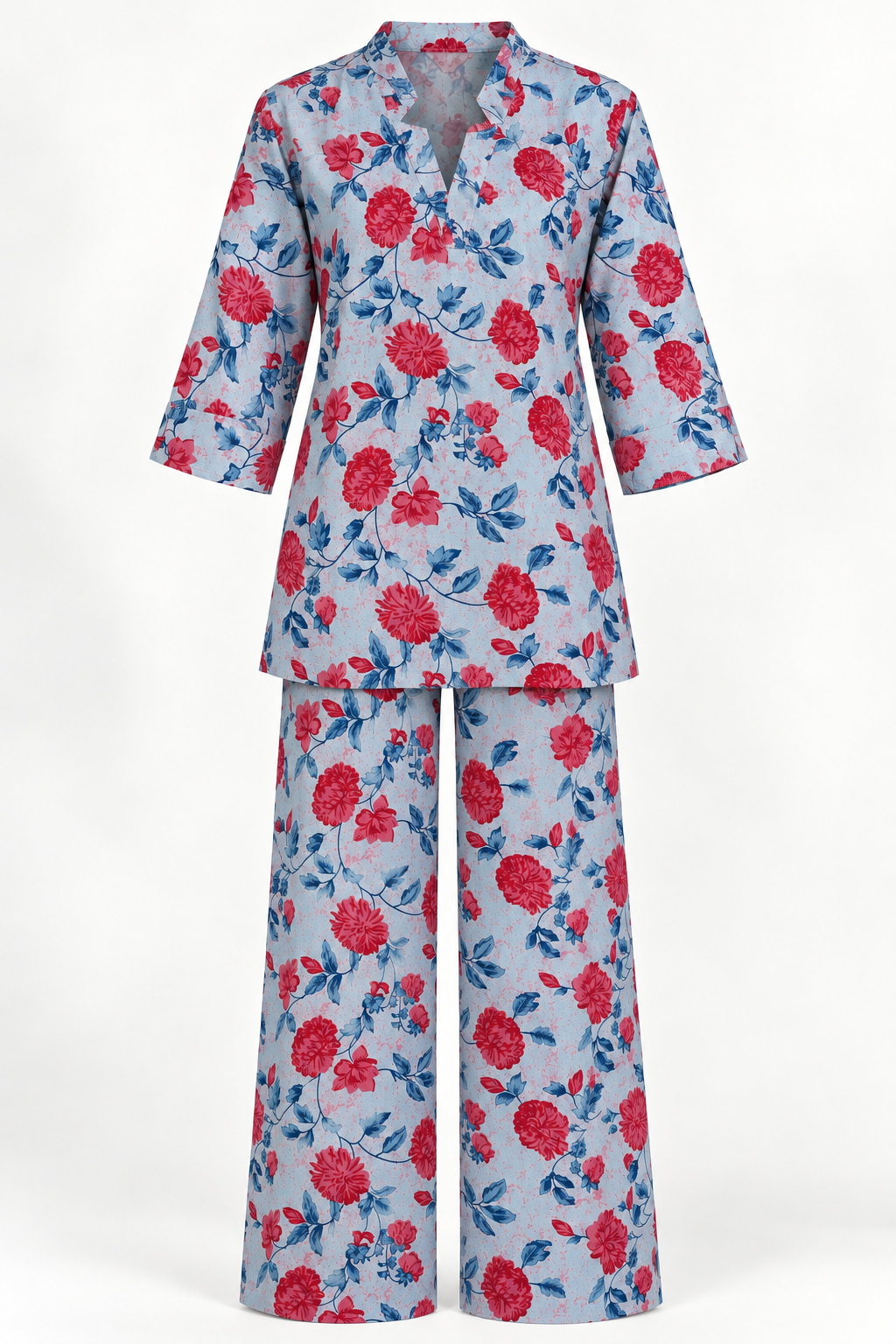 Powder Blue Floral Co-ord Set with Notched Collar & Wide-Leg Pants
