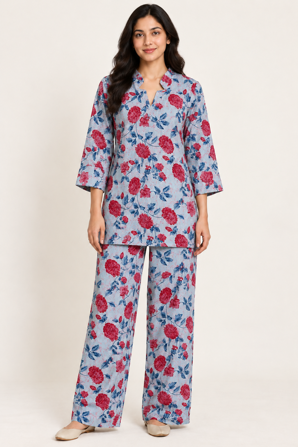 Powder Blue Floral Co-ord Set with Notched Collar & Wide-Leg Pants