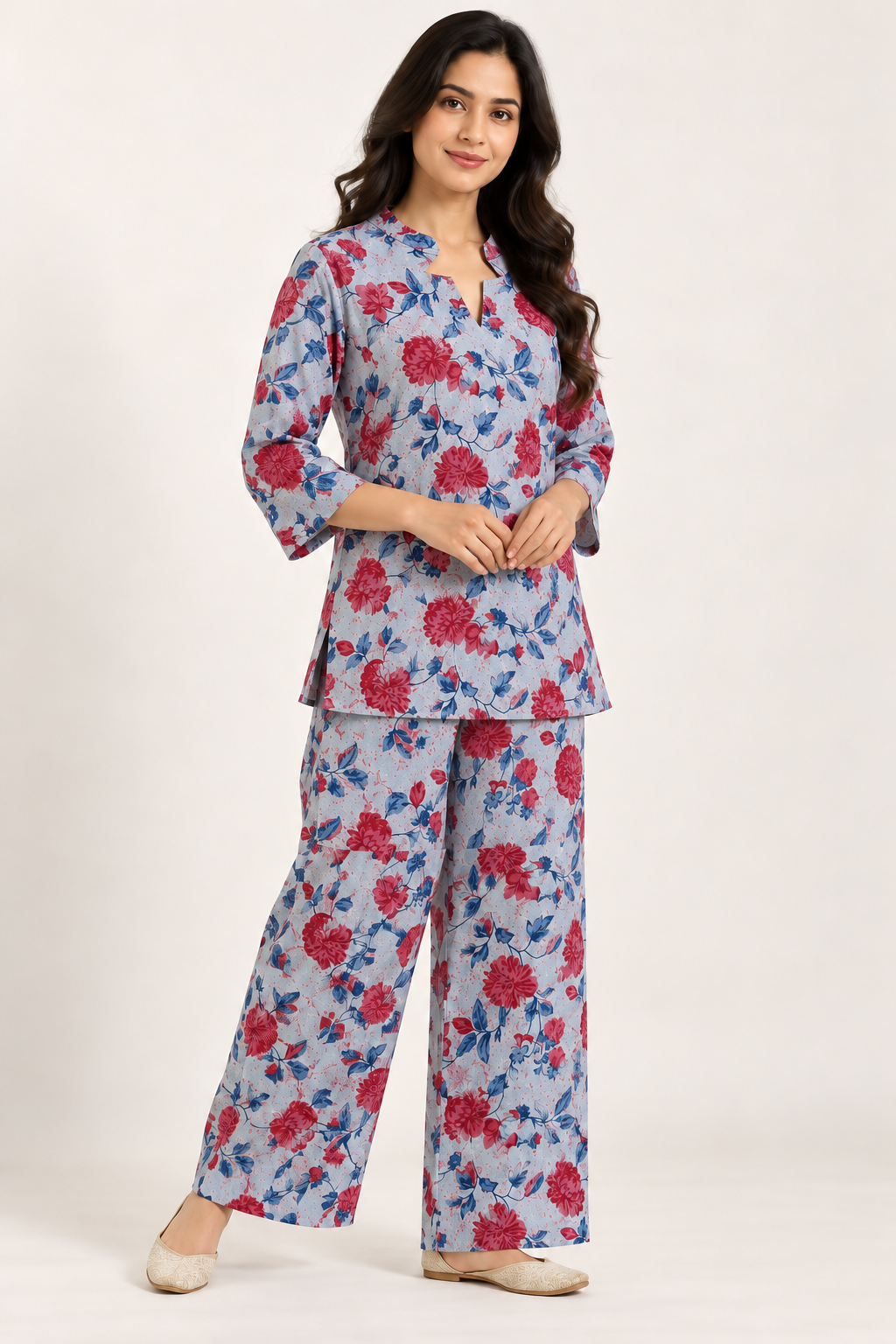 Powder Blue Floral Co-ord Set with Notched Collar & Wide-Leg Pants