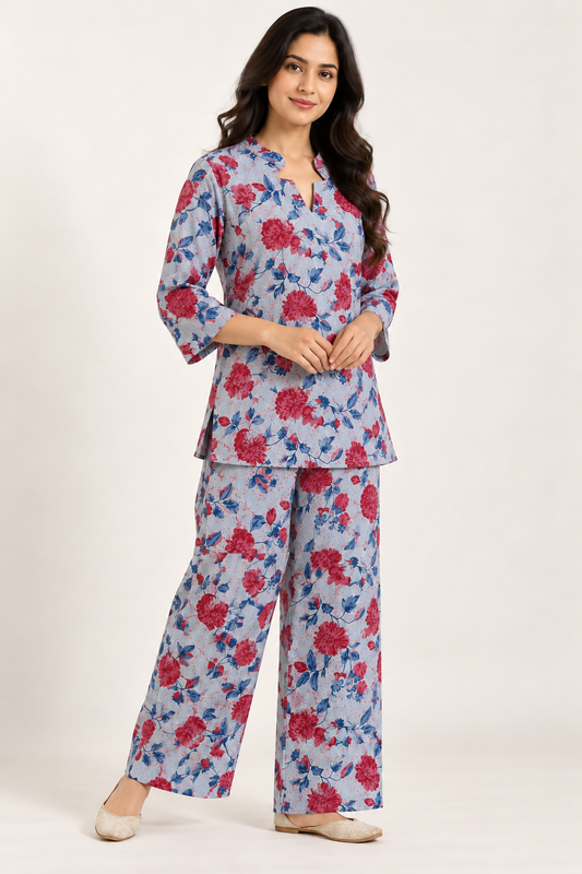 Powder Blue Floral Co-ord Set with Notched Collar & Wide-Leg Pants