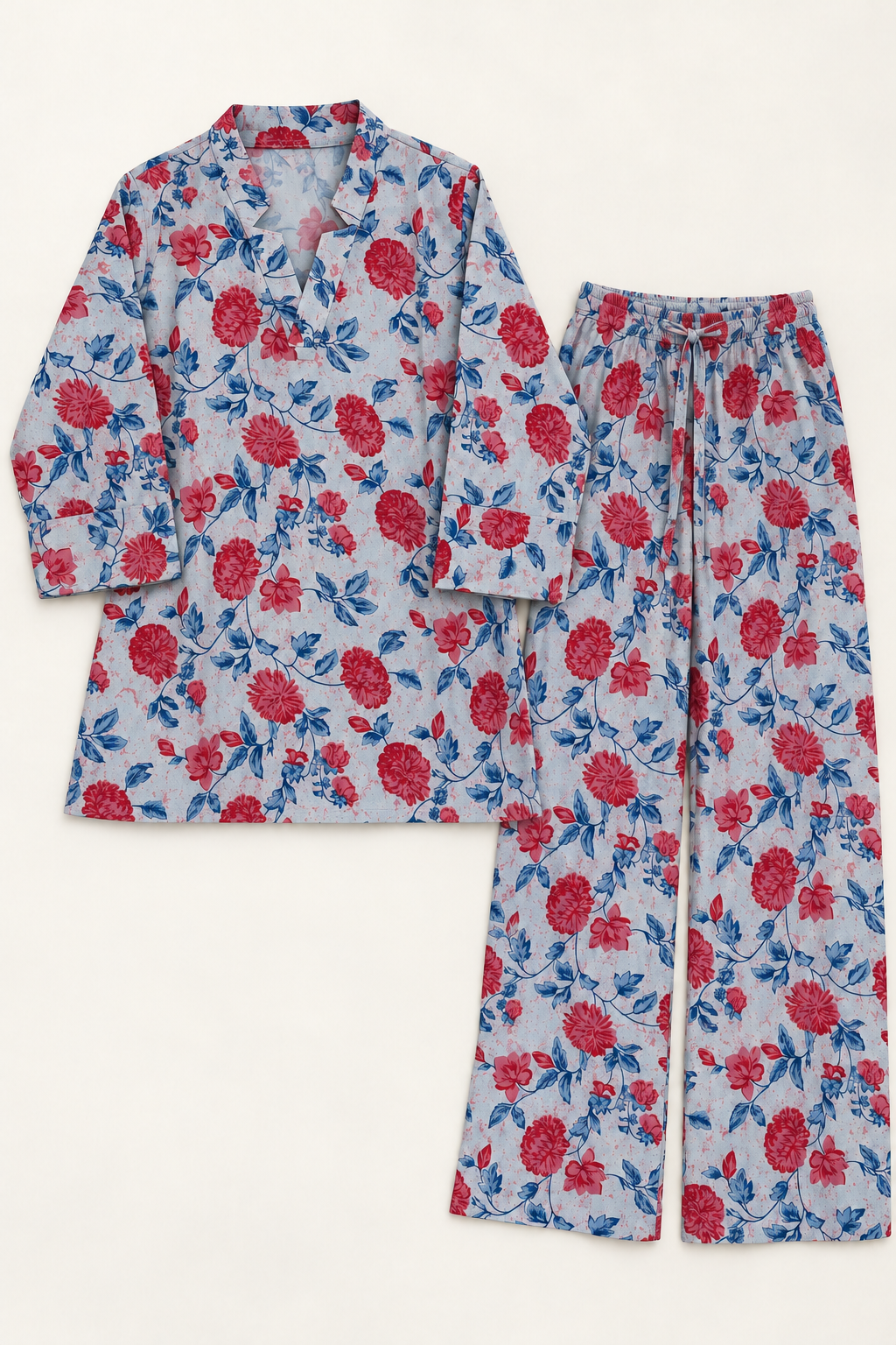 Powder Blue Floral Co-ord Set with Notched Collar & Wide-Leg Pants