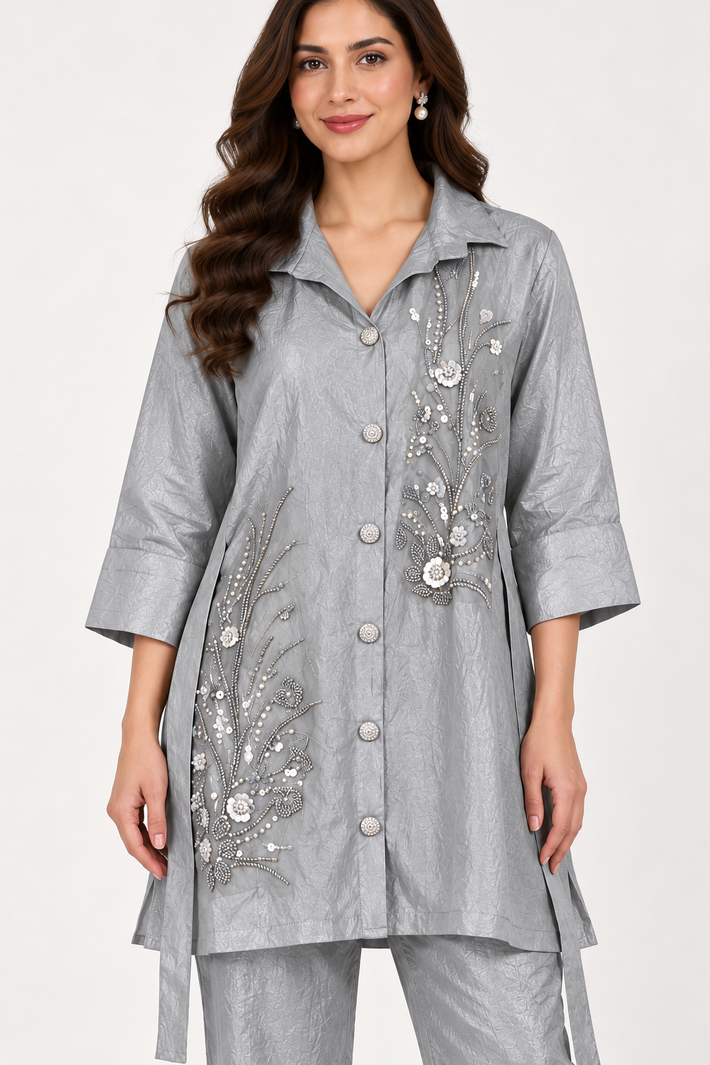 Silver Gray Botanical Embellished Co-ord Set – Size 38