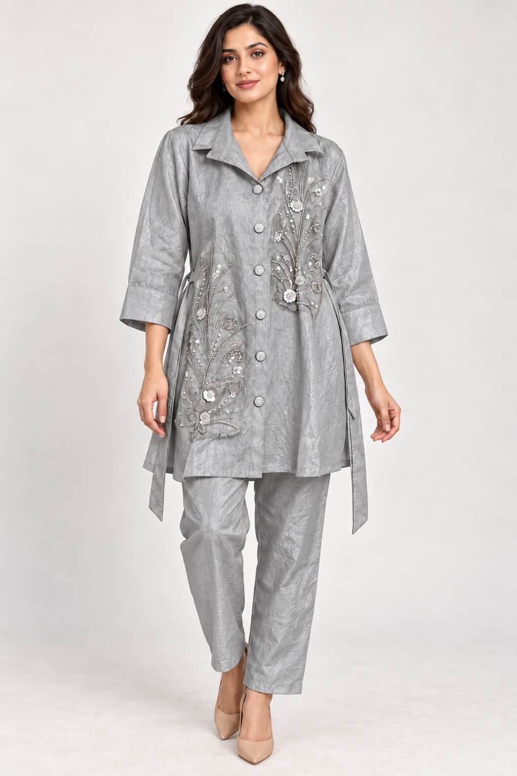 Silver Gray Botanical Embellished Co-ord Set – Size 38