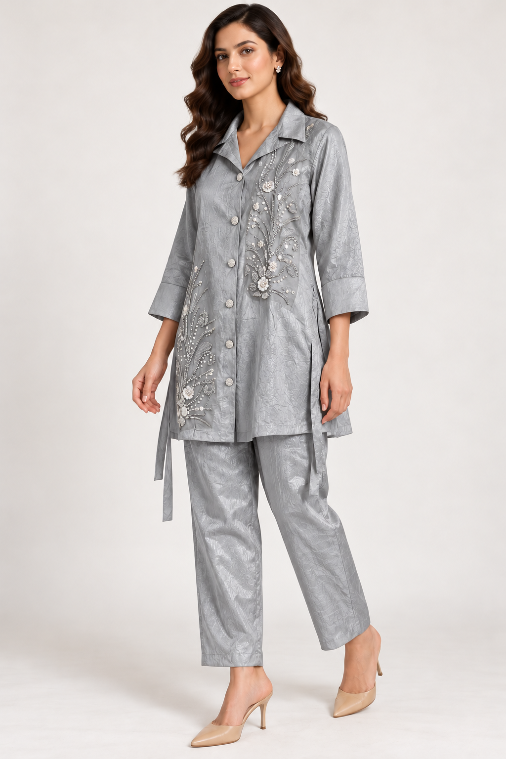 Silver Gray Botanical Embellished Co-ord Set – Size 38