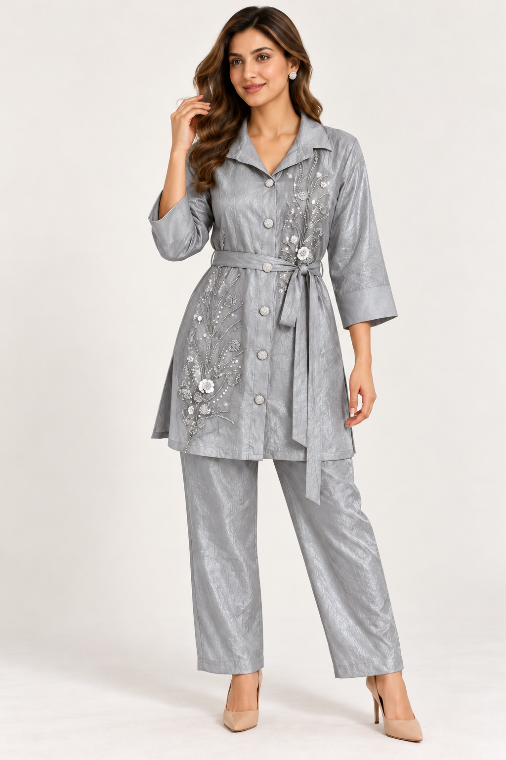 Silver Gray Botanical Embellished Co-ord Set – Size 38
