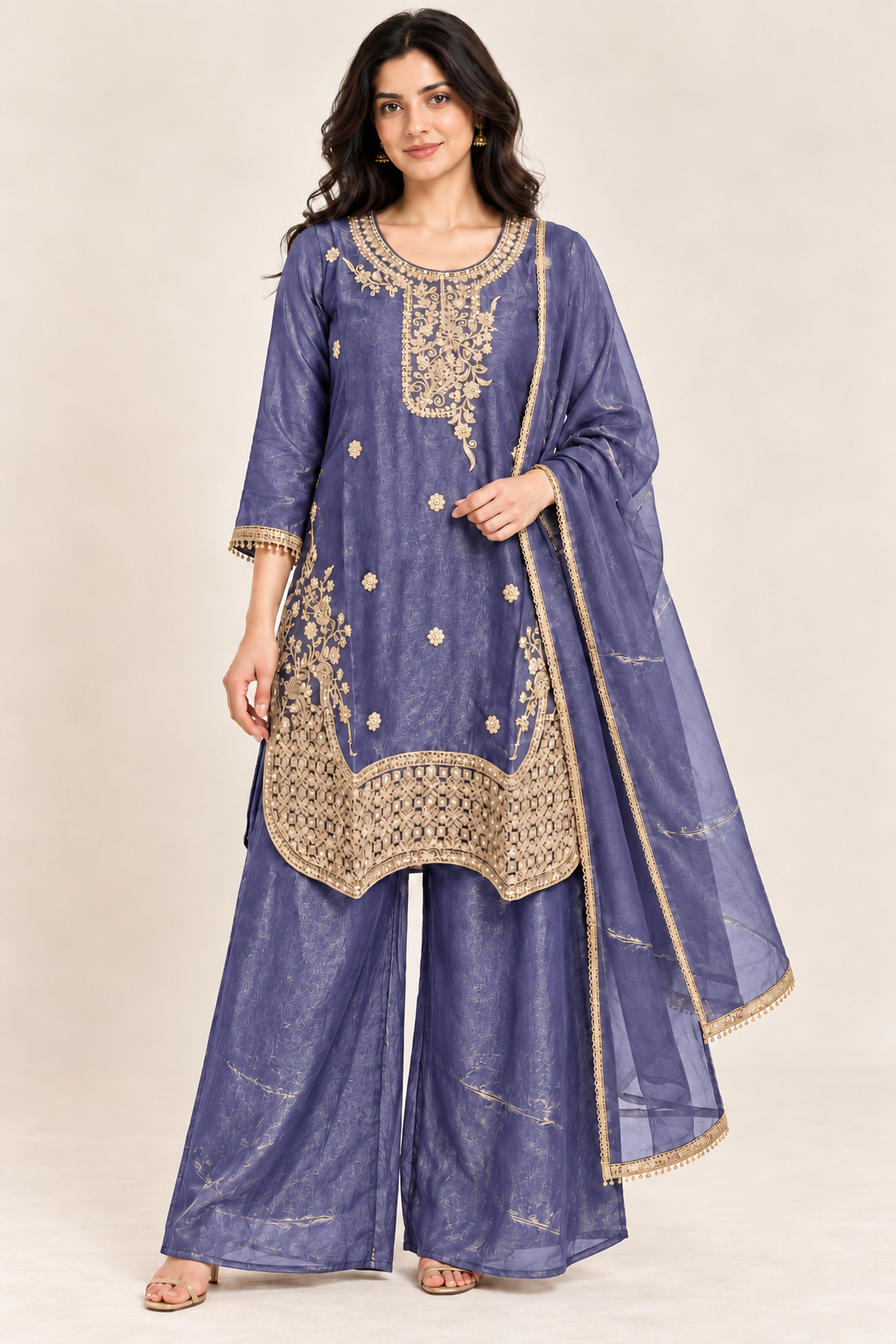 Blue-Purple Gold Embroidered Kurta Palazzo Set with Dupatta