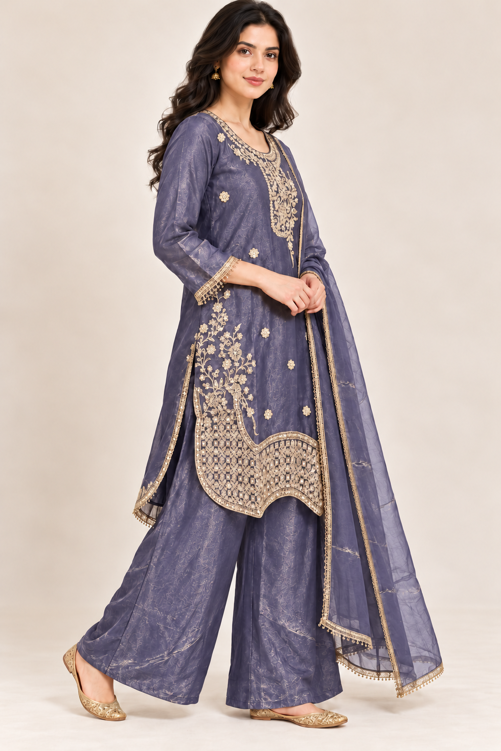 Blue-Purple Gold Embroidered Kurta Palazzo Set with Dupatta