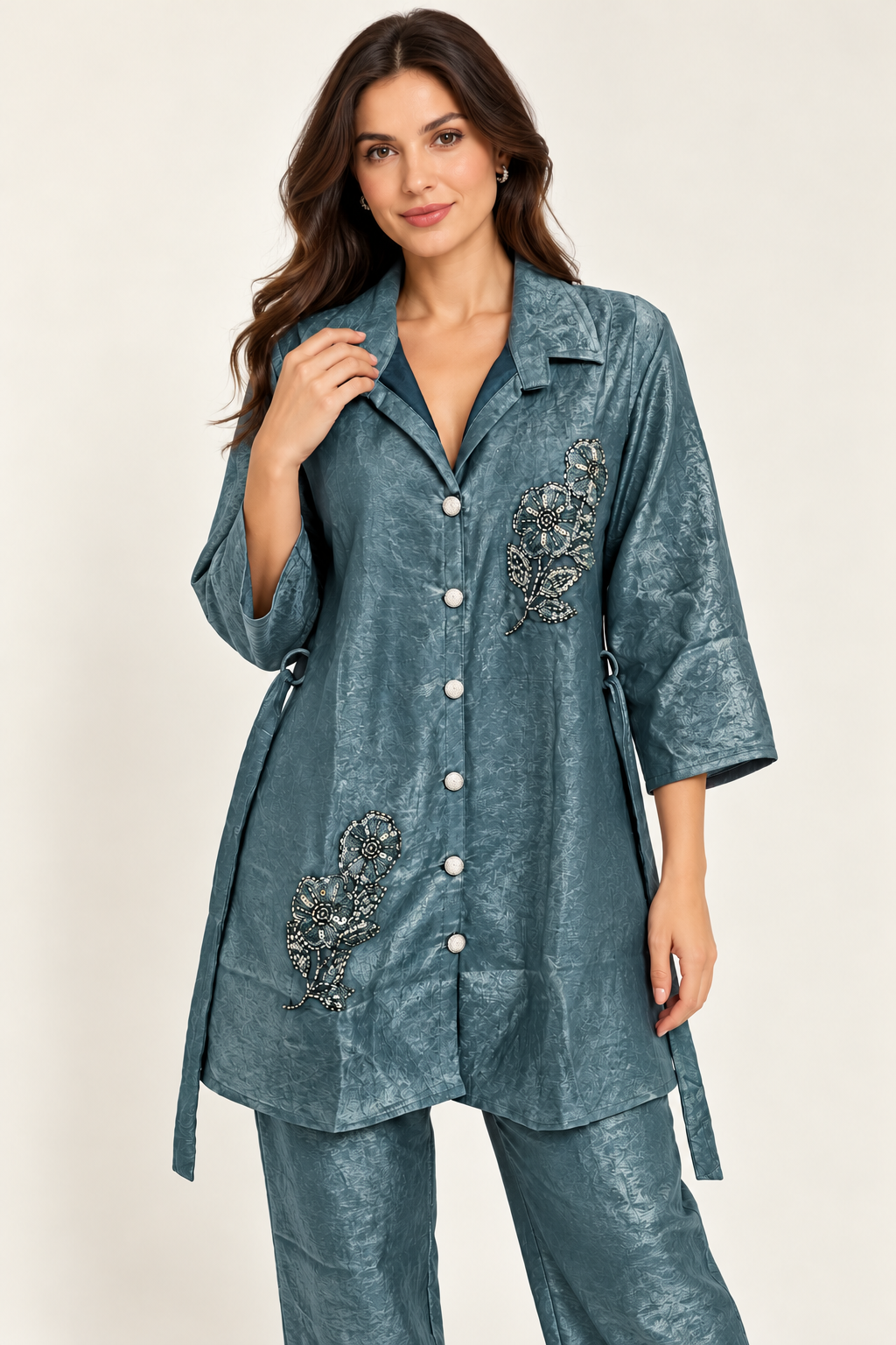 Smoky Teal Blue Embellished Co-ord Set with Belt Option – Size 38