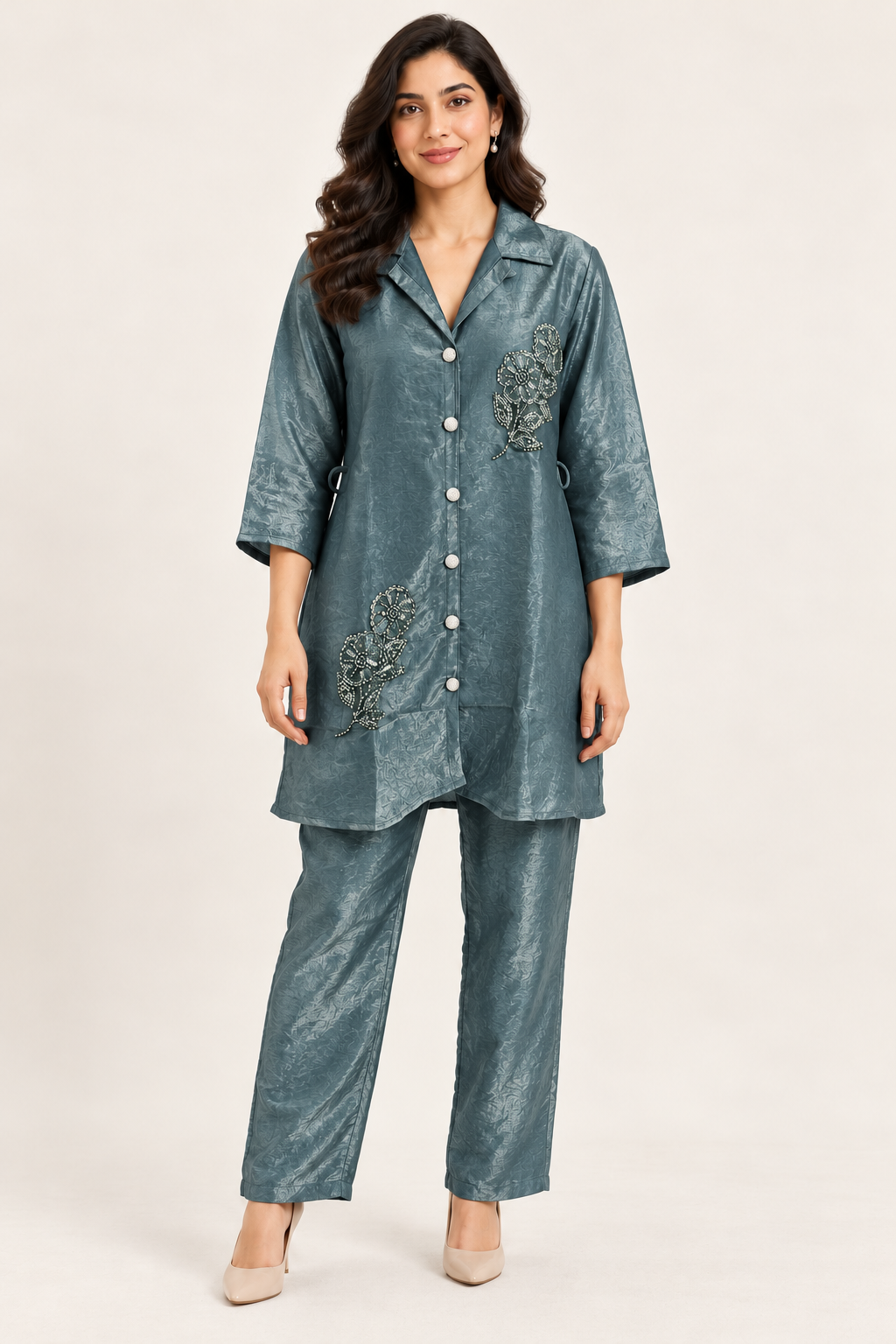 Smoky Teal Blue Embellished Co-ord Set with Belt Option – Size 38