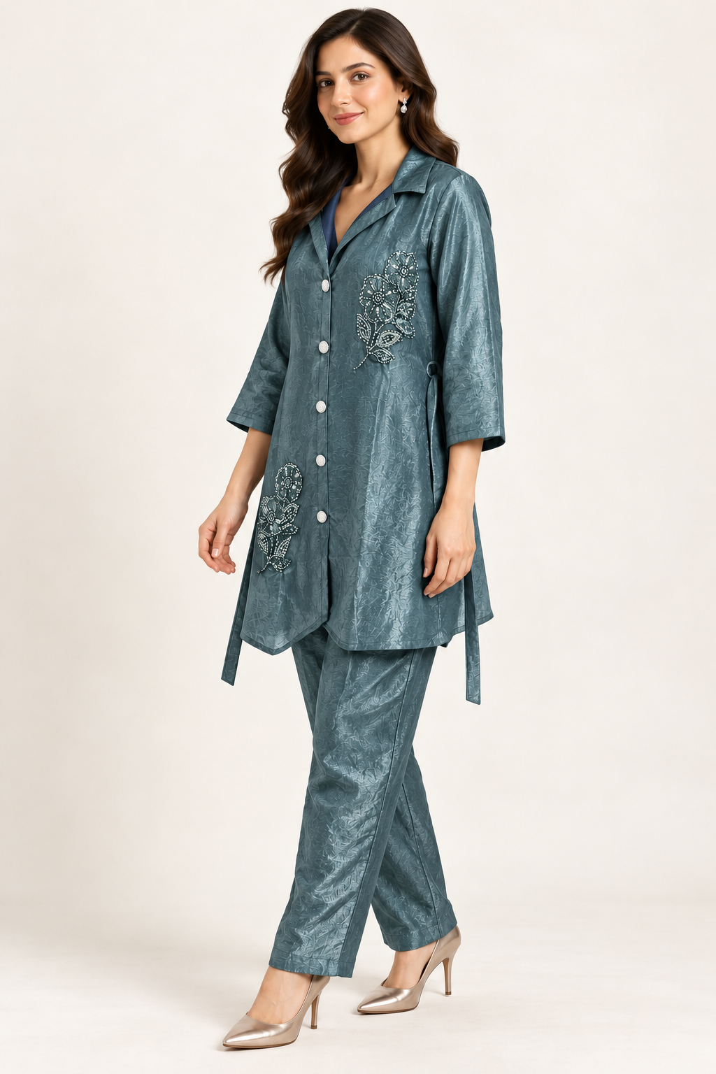 Smoky Teal Blue Embellished Co-ord Set with Belt Option – Size 38