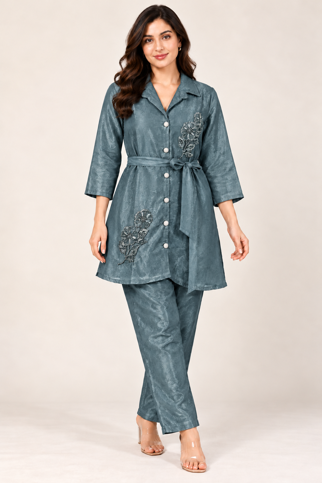 Smoky Teal Blue Embellished Co-ord Set with Belt Option – Size 38
