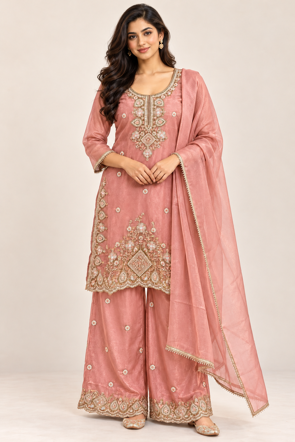 Peach Pink Floral Embroidered Kurta Palazzo Suit with Dupatta