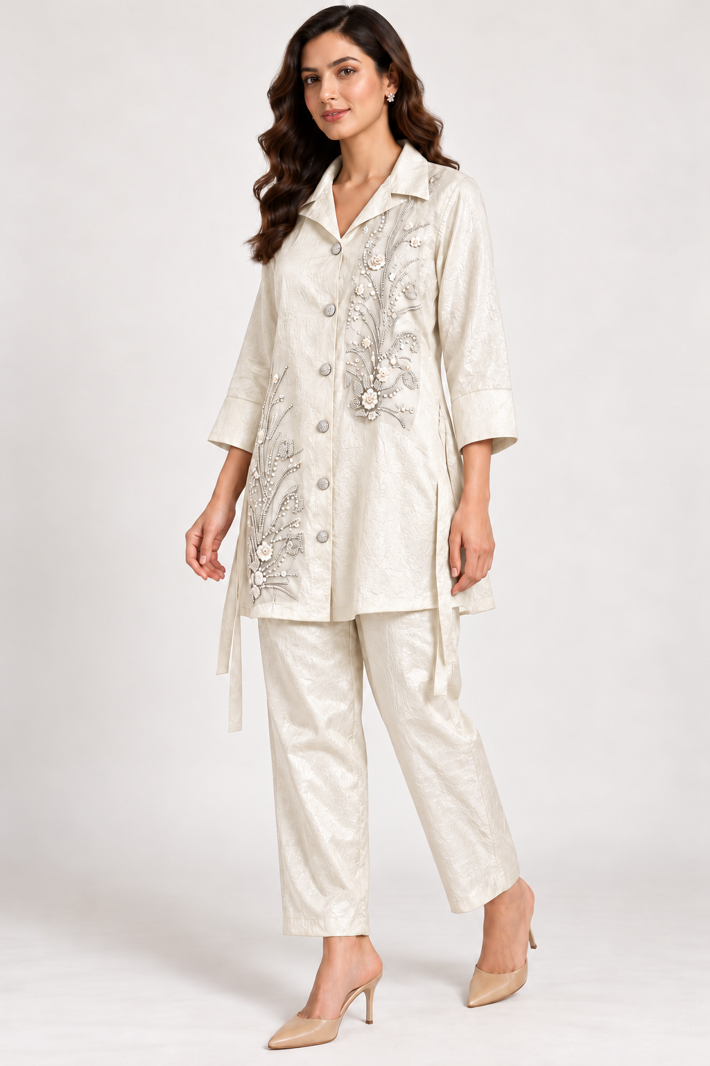 Ivory Botanical Embellished Co-ord Set – Size 38