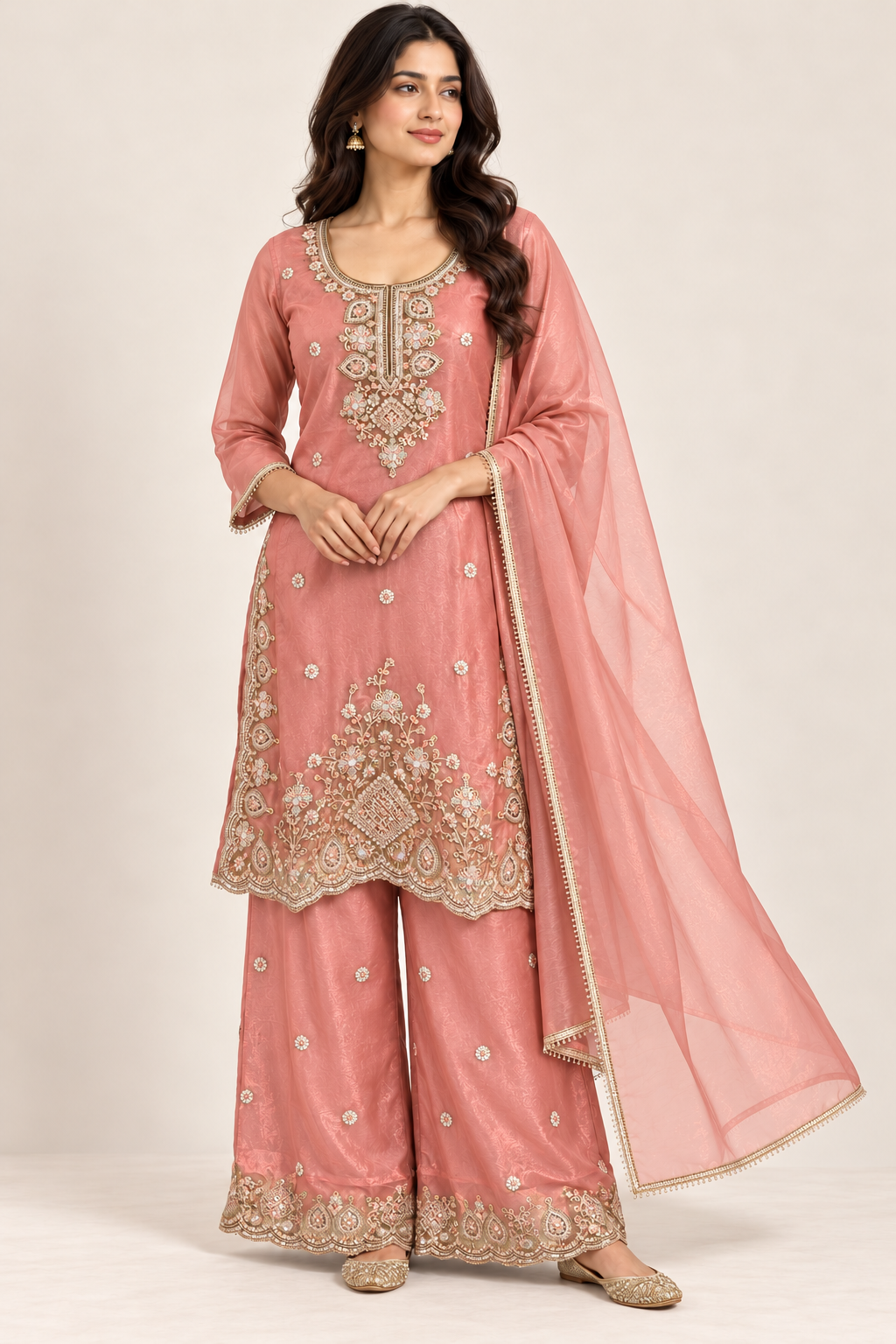 Peach Pink Floral Embroidered Kurta Palazzo Suit with Dupatta