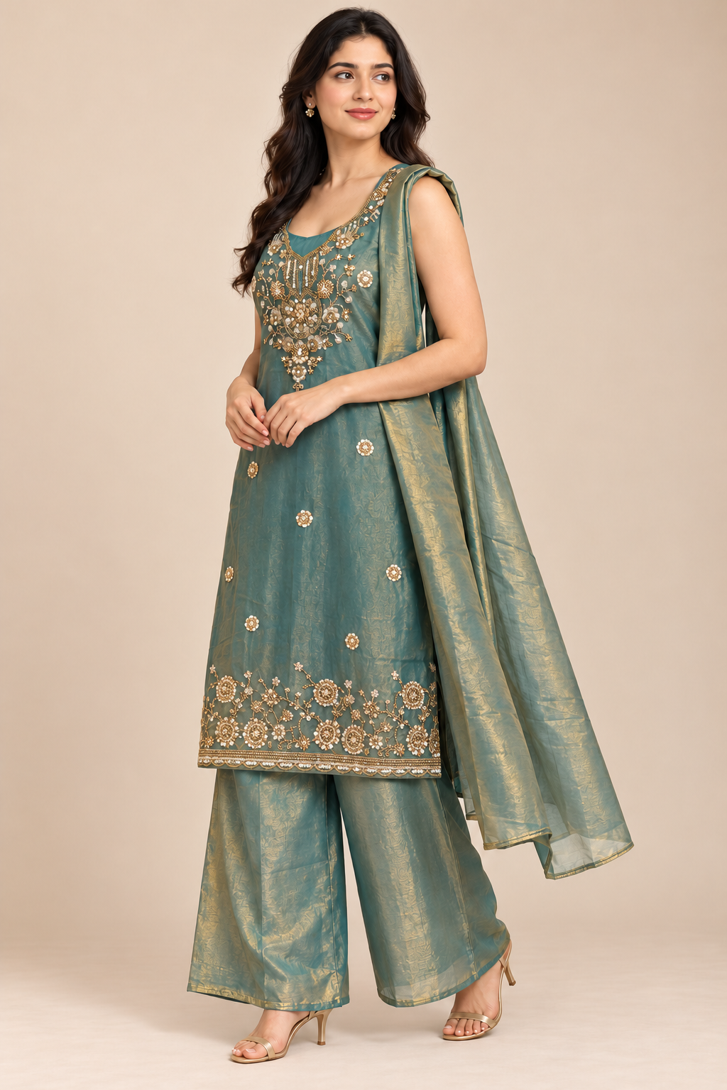 Sea Green Sleeveless Embroidered Kurta Palazzo Set with Dupatta