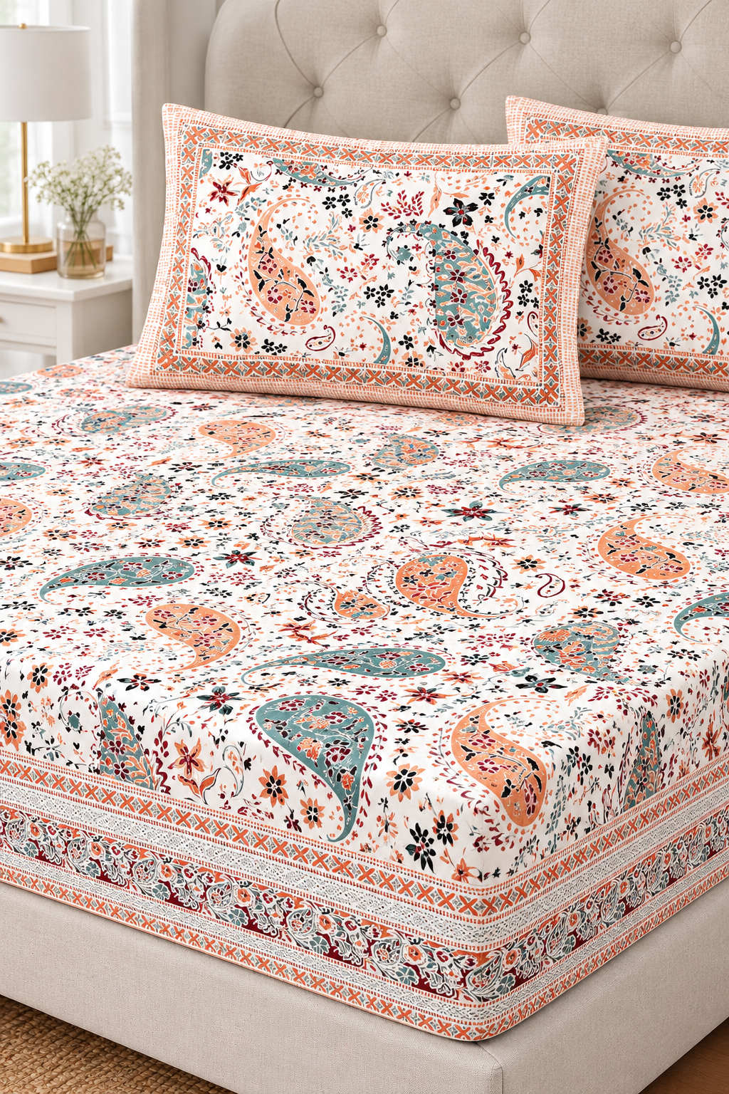 Peach & Green Paisley King Fitted Bedsheet – 78″ × 80″, 16″ Deep Pocket