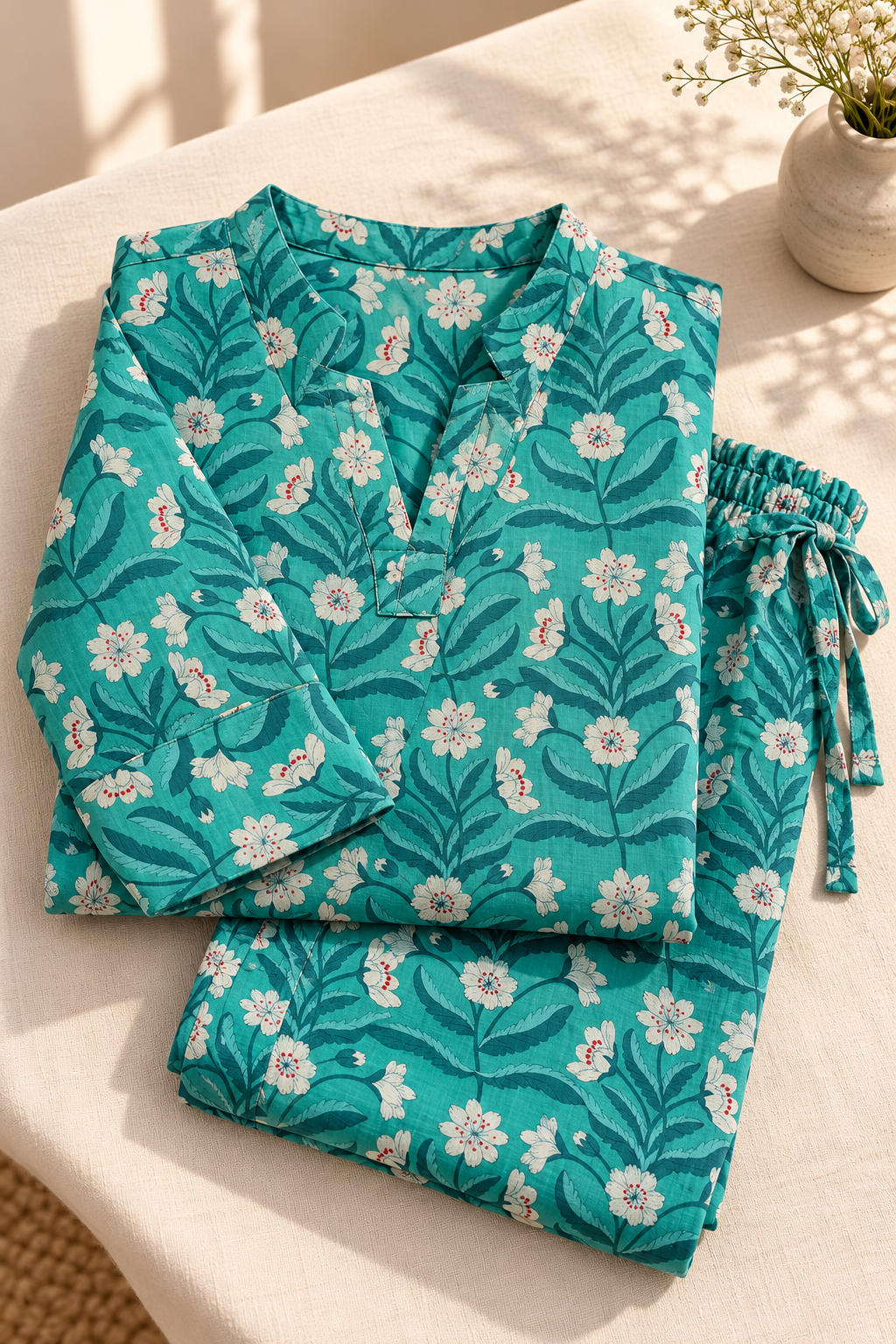 Teal Floral Co-ord Set – Notched Neck Tunic & Matching Pants