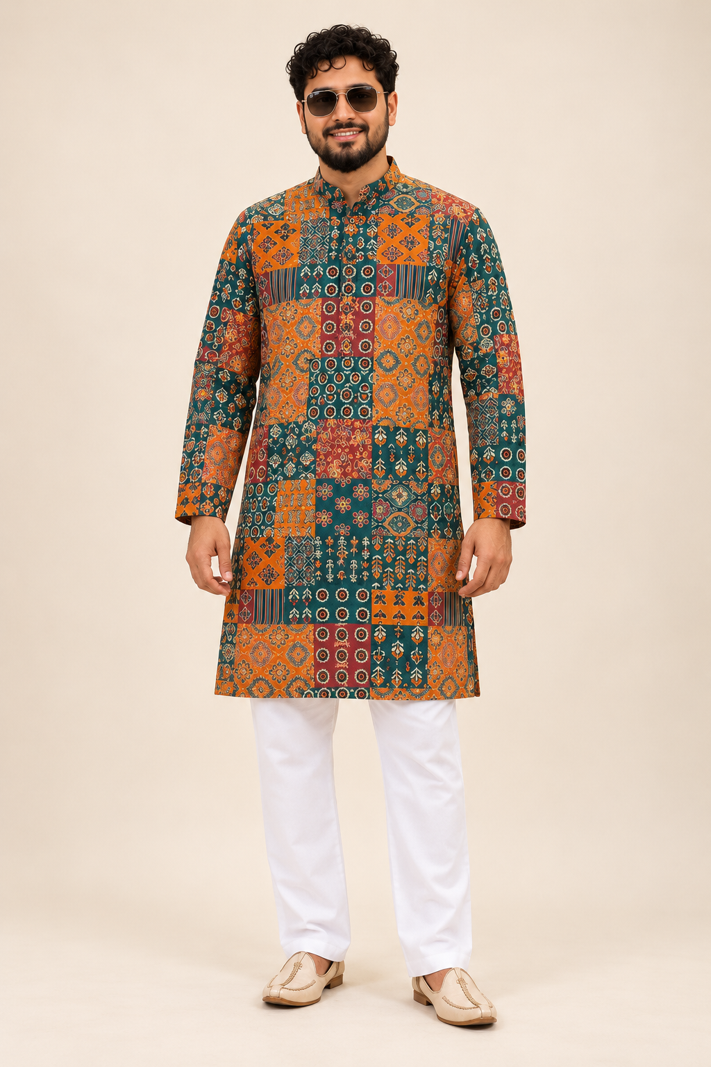 Men’s Multicolor Printed Kurta with White Pajama | Festive Wear