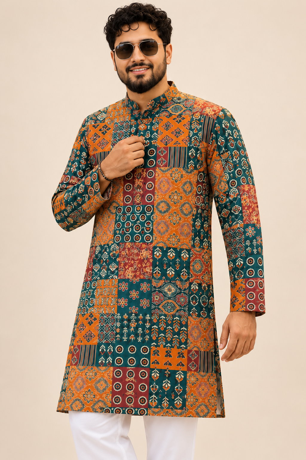 Men’s Multicolor Printed Kurta with White Pajama | Festive Wear