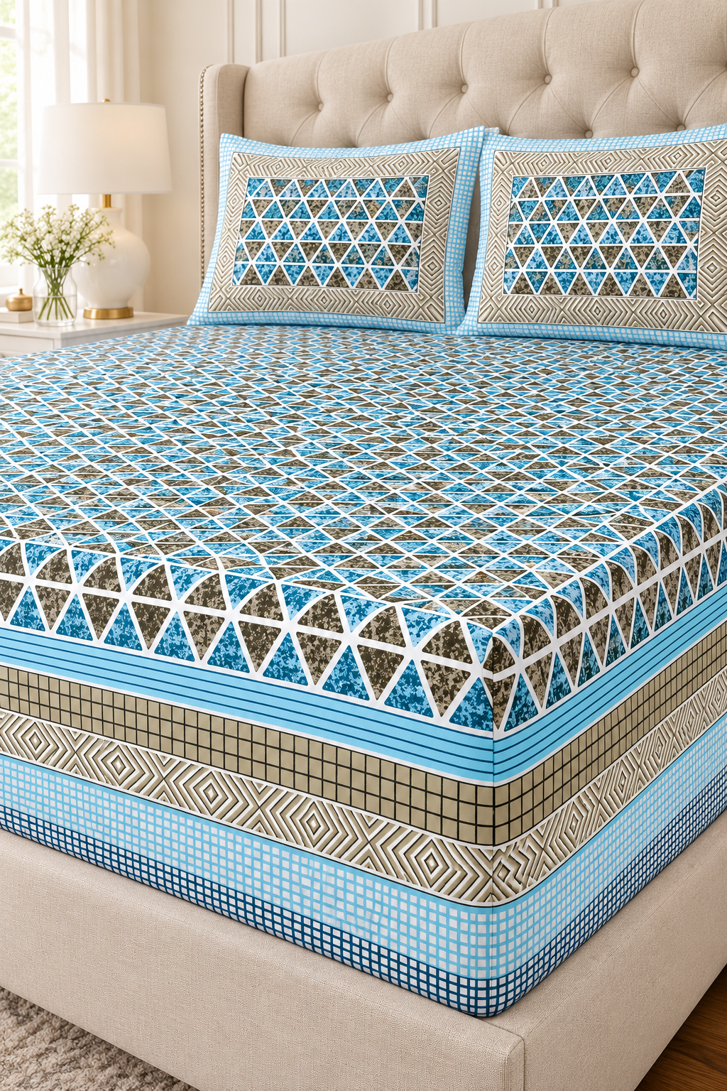 Blue Geometric Triangle King Fitted Bedsheet – 78″ × 80″, 16″ Deep Pocket