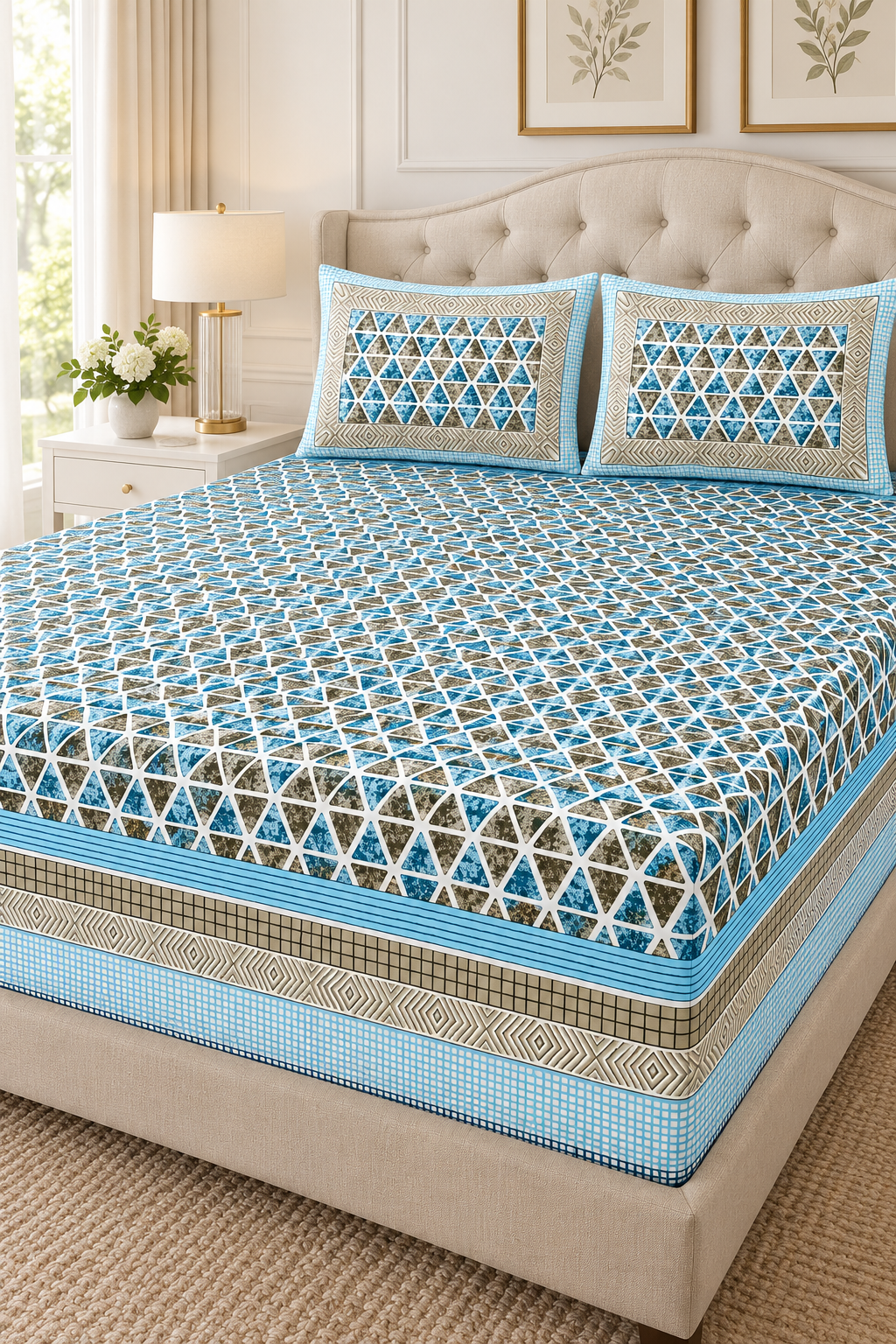 Blue Geometric Triangle King Fitted Bedsheet – 78″ × 80″, 16″ Deep Pocket