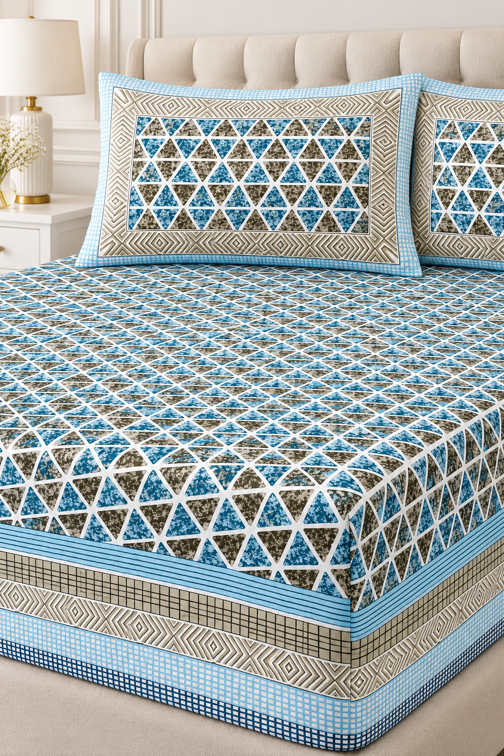 Blue Geometric Triangle King Fitted Bedsheet – 78″ × 80″, 16″ Deep Pocket