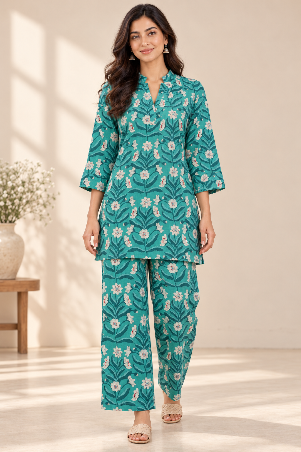 Teal Floral Co-ord Set – Notched Neck Tunic & Matching Pants