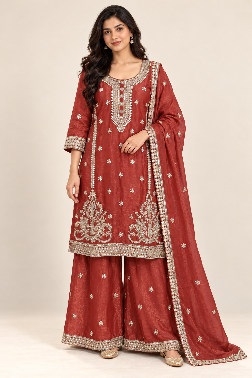 Brick Red Embroidered Kurta Palazzo Suit with Dupatta
