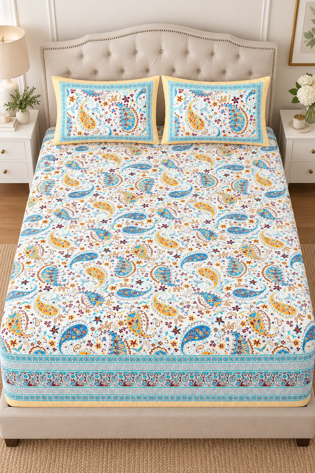 Blue & Yellow Paisley King Fitted Bedsheet – 78″ × 80″, 16″ Deep Pocket