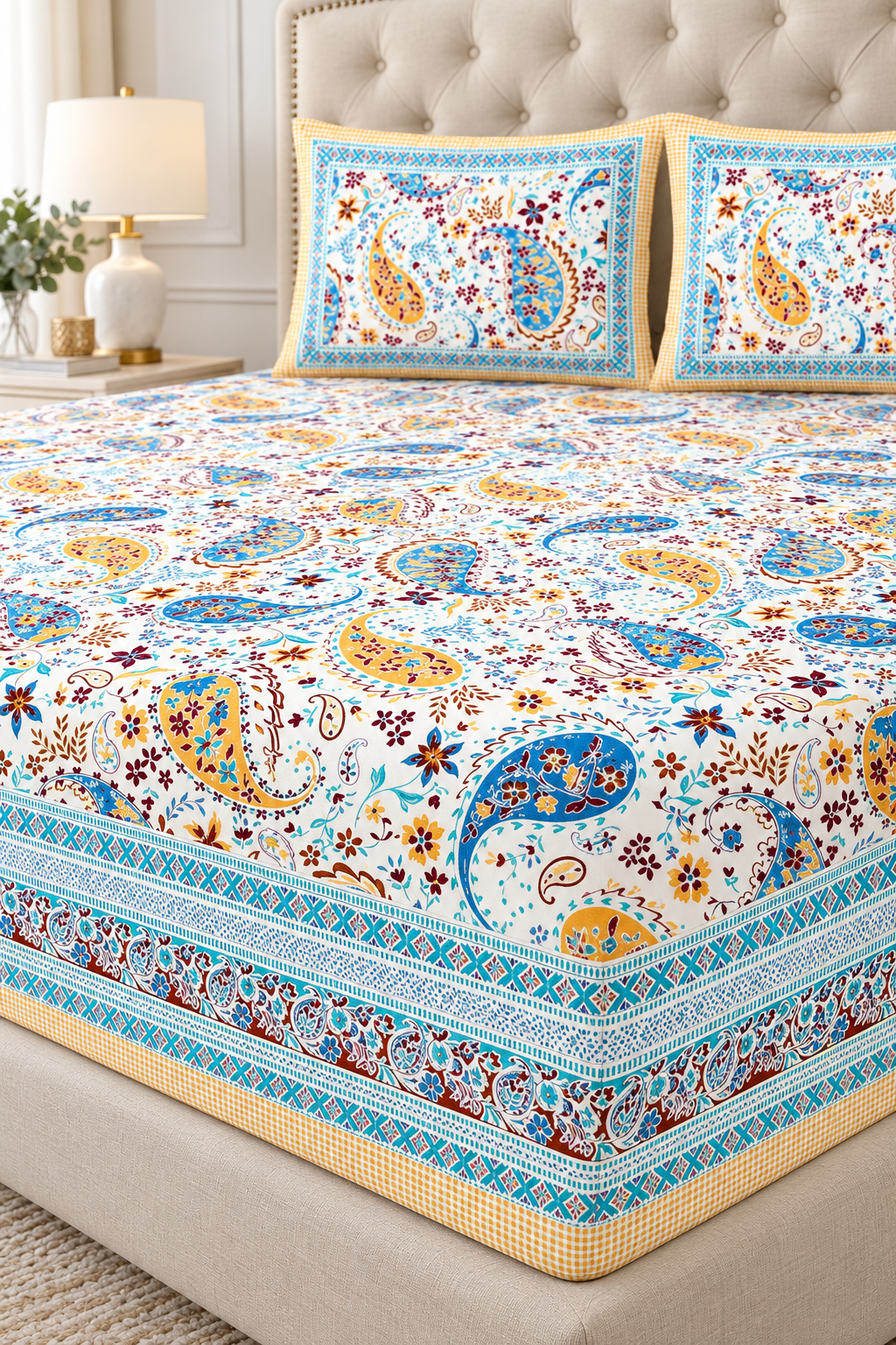 Blue & Yellow Paisley King Fitted Bedsheet – 78″ × 80″, 16″ Deep Pocket