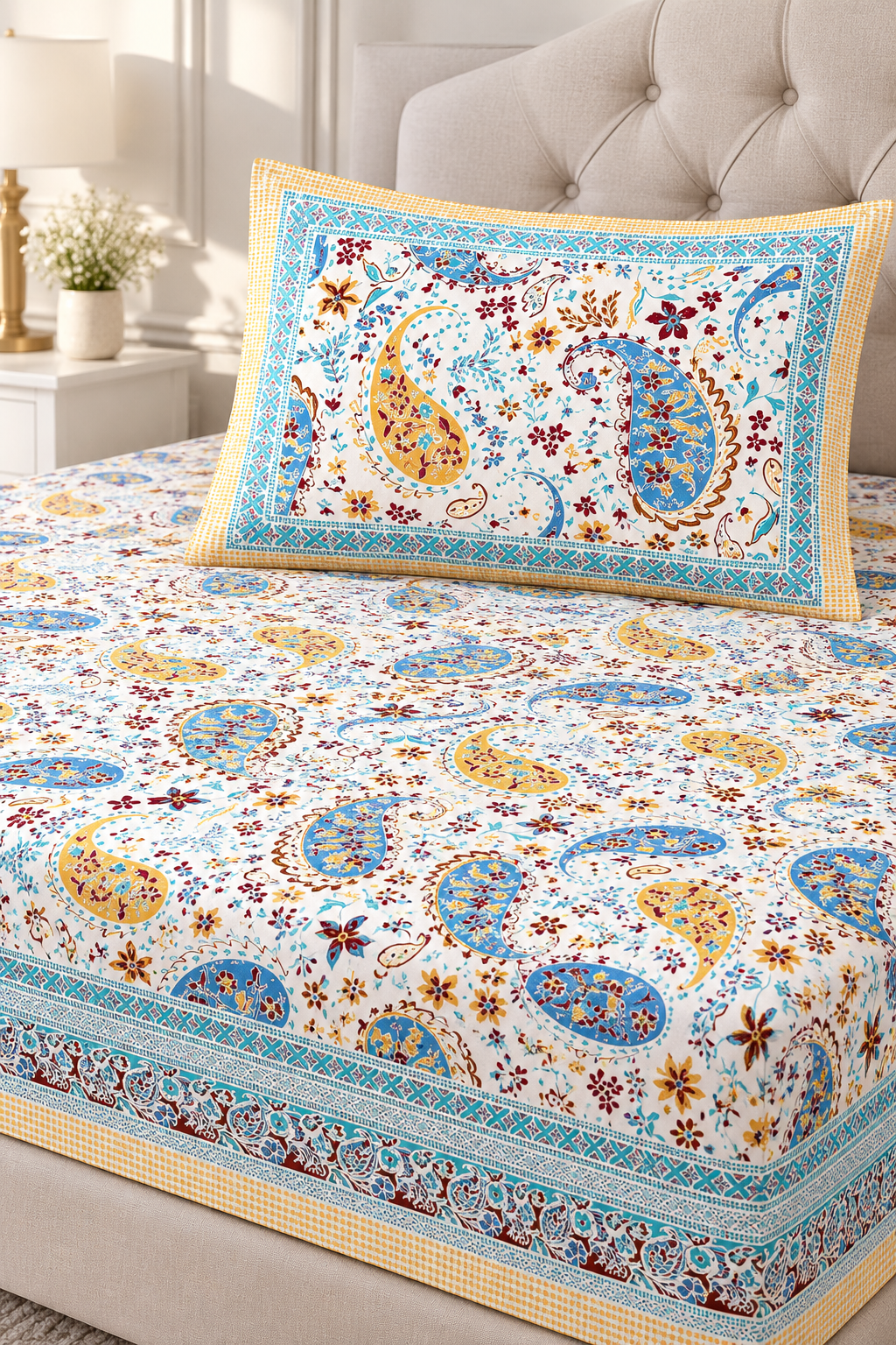 Blue & Yellow Paisley King Fitted Bedsheet – 78″ × 80″, 16″ Deep Pocket