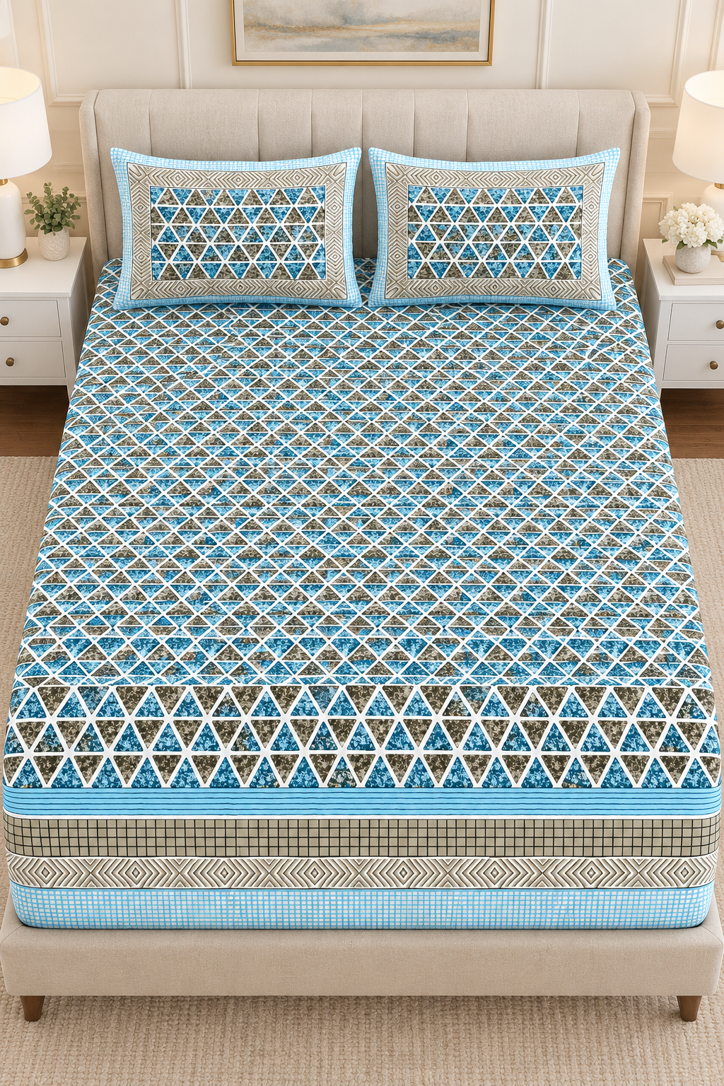 Blue Geometric Triangle King Fitted Bedsheet – 78″ × 80″, 16″ Deep Pocket