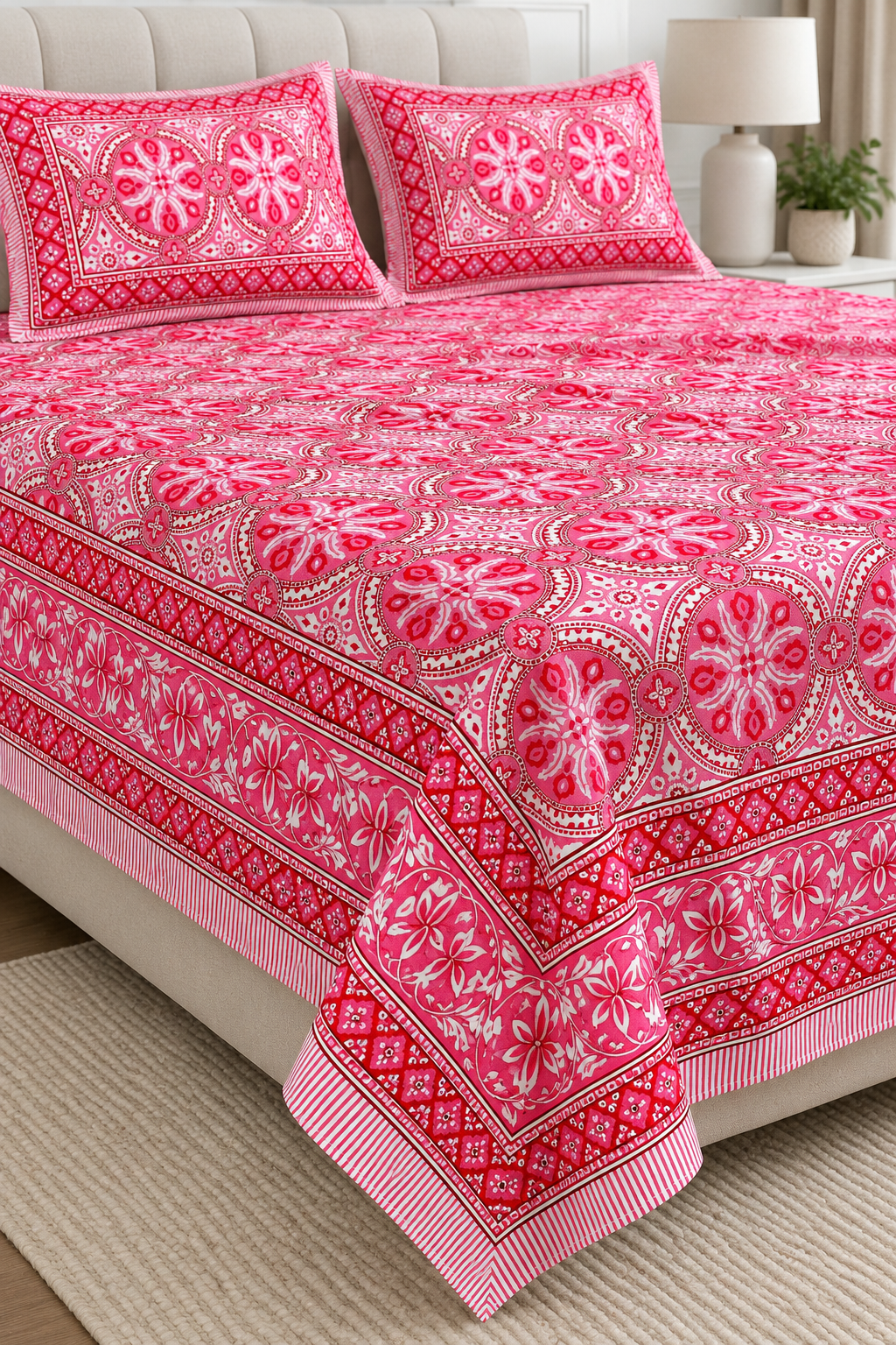Queen Size Flat Bedsheet with Matching Pillowcases – Red & Pink Floral Medallion Print