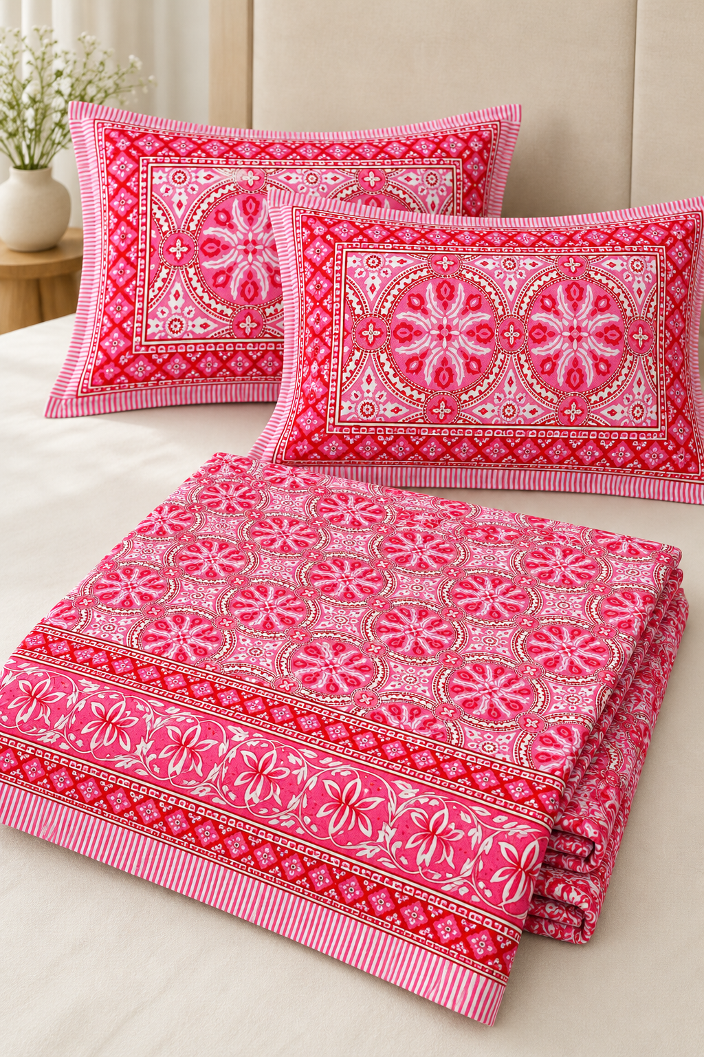 Queen Size Flat Bedsheet with Matching Pillowcases – Red & Pink Floral Medallion Print